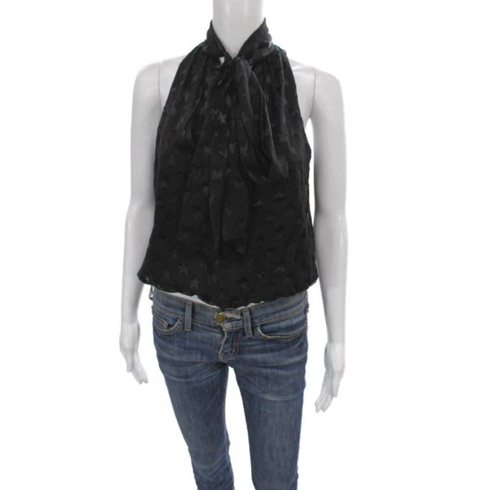 Alice + Olivia Womens Cropped Sleeveless High Neck Tie Blouse Black Size XS